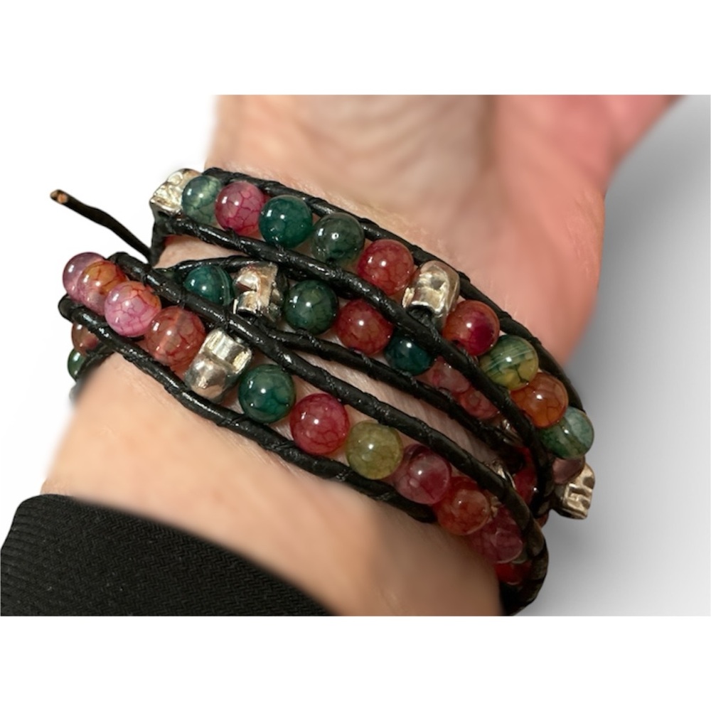 Beautiful Braided Wrap Bracelet with Agate & Skulls